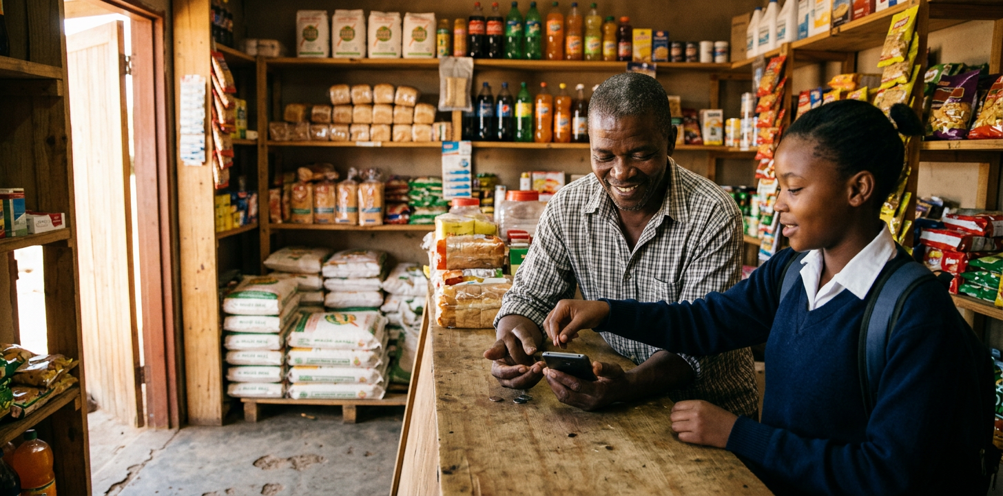 A spaza owner and a schoolgirl at a wooden counter, tapping a phone while she hands over a few coins.