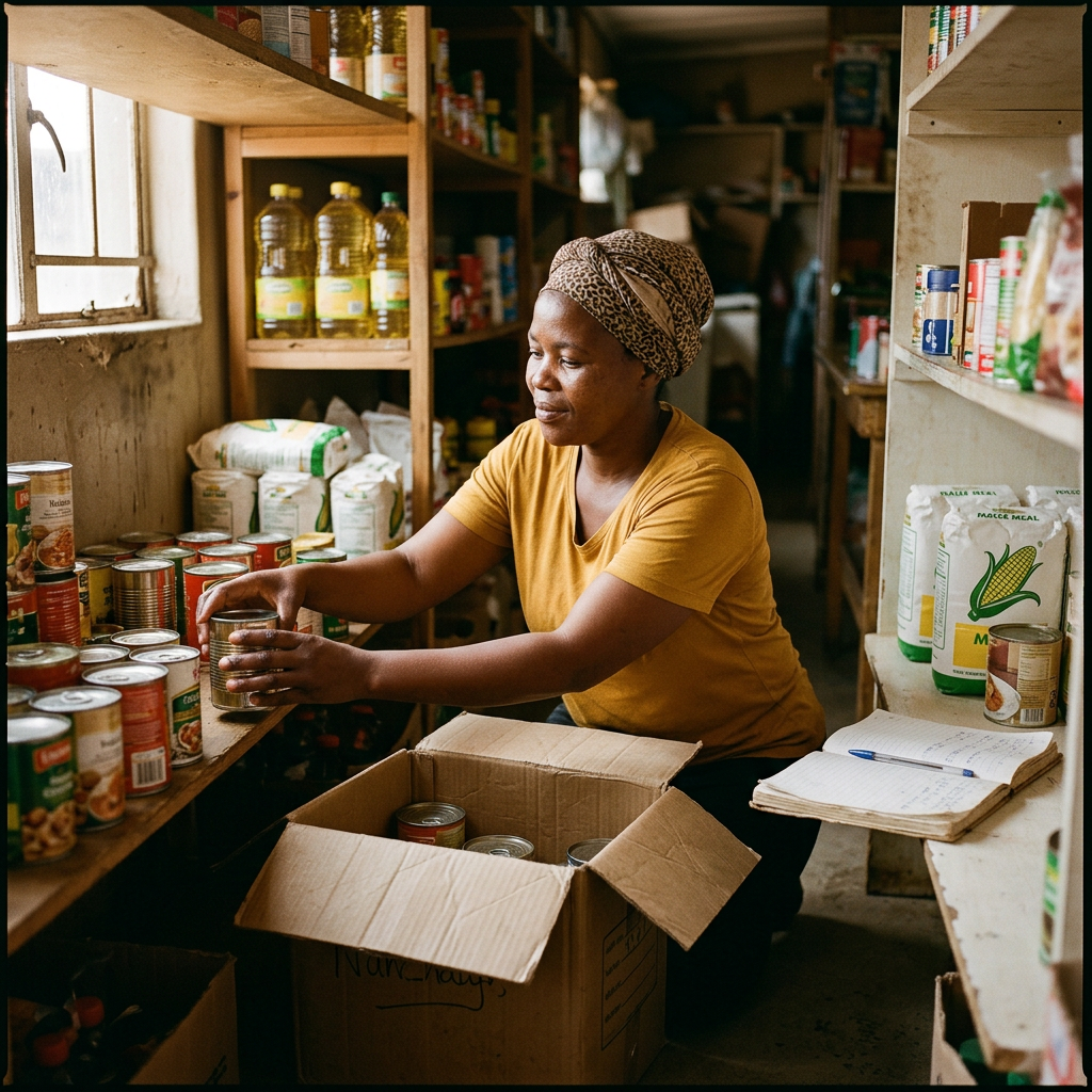 A shop owner kneeling in the stockroom, unpacking a box of tins onto shelves beside an open notebook.