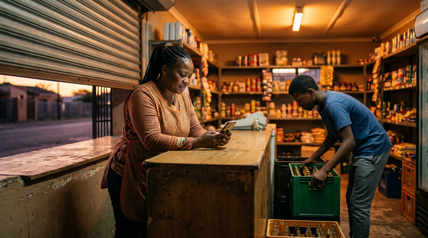 A shop owner at her counter with a phone while her son stacks a crate of bottles, shutter half down at dusk.