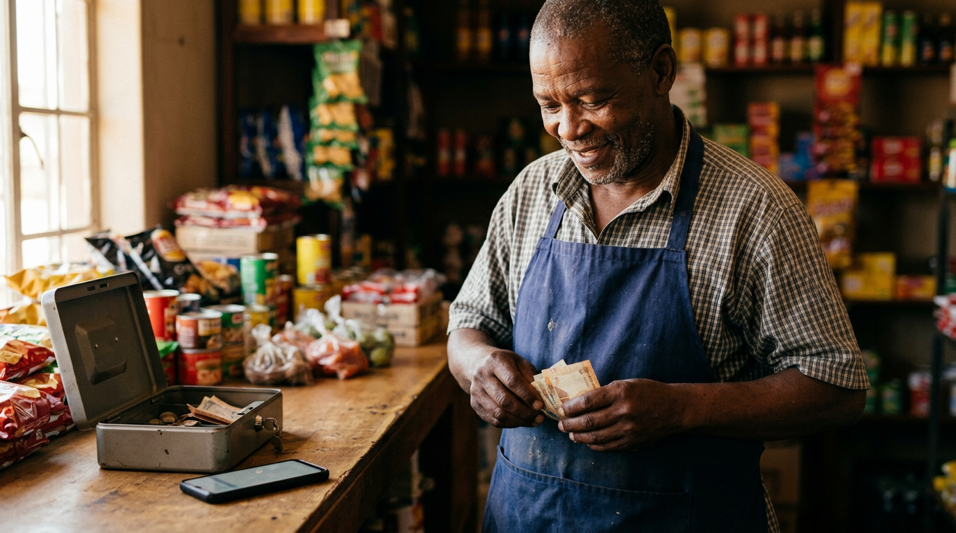 An older shop owner folding banknotes into his apron pocket, a phone resting beside the cash tin.