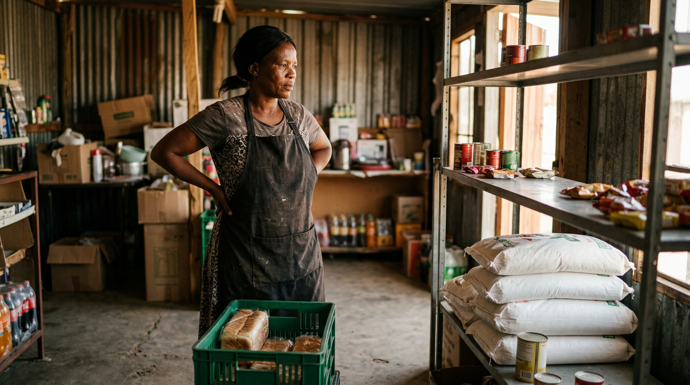 A shop owner in an apron looking at a half-empty shelf, with a crate of bread and bags of maize meal beside her.