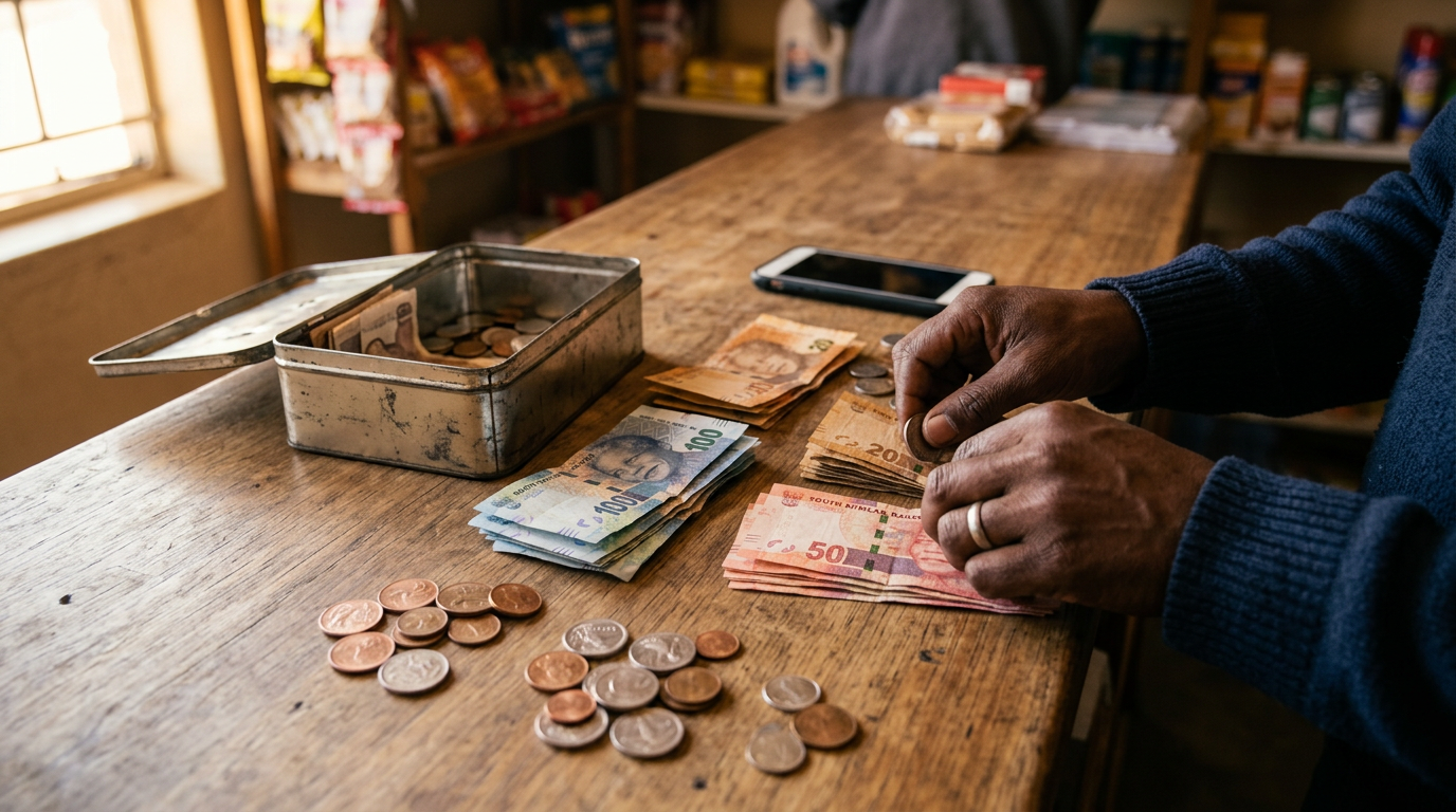 Hands counting banknotes and coins in piles beside a metal cash tin and a phone.